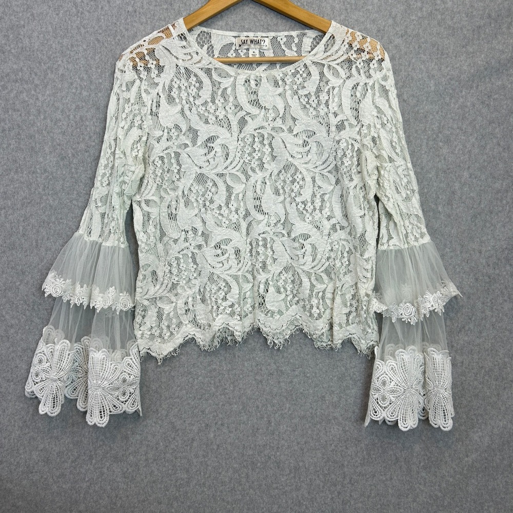Say What? Size XL Lace Top White Bell Sleeve Floral Boho Festival Romantic Fairy